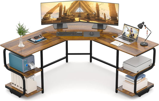 Teraves Modern L Shaped Desk with Shelves,64.84" Computer/Gaming Desk for Home Office,Corner Desk with Desktop (Teak+Black Frame, Large+4 Tier Shelves)