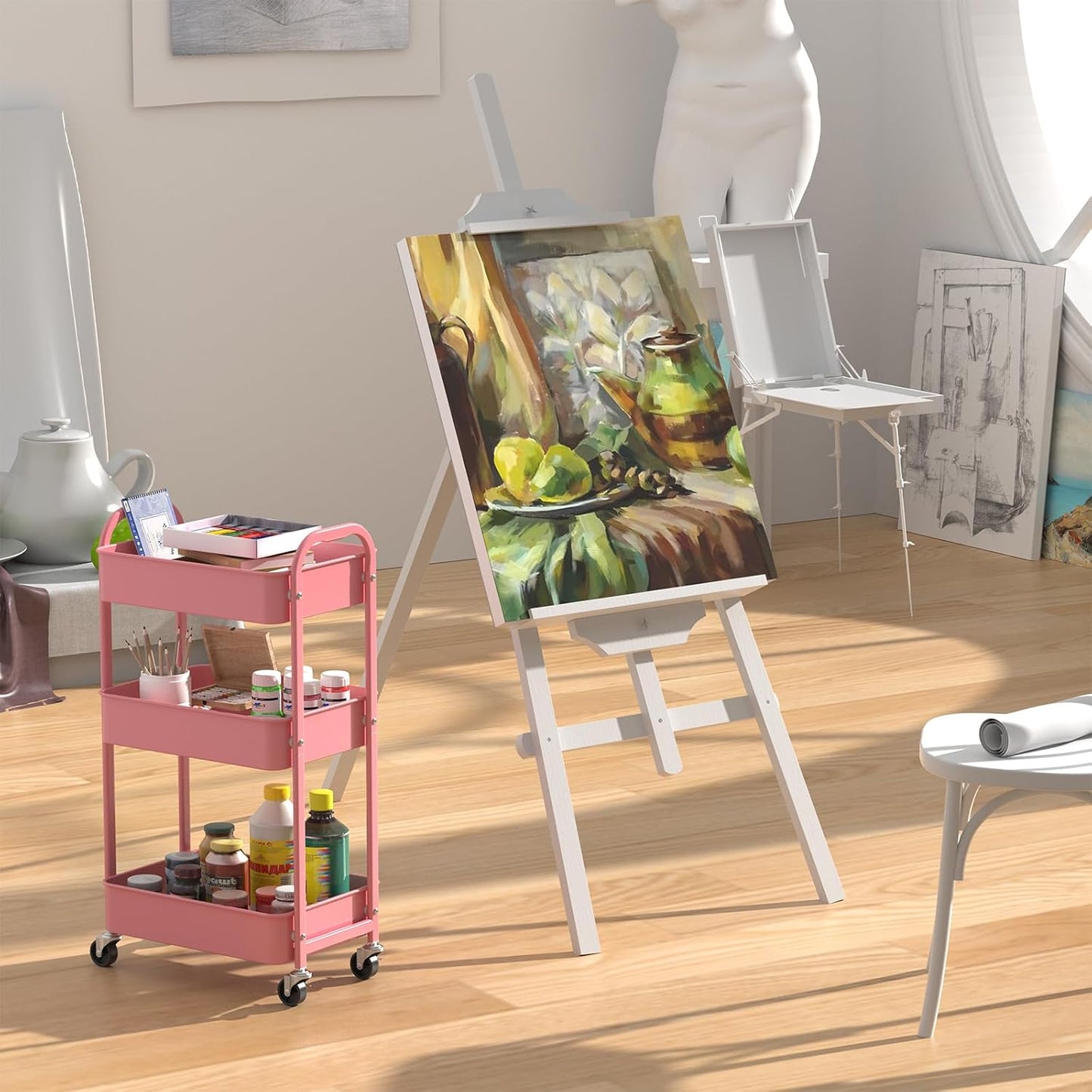 MAX Houser 3-Tier Rolling Utility Cart with Caster Wheels,Easy Assembly, for Kitchen, Bathroom (Pink)