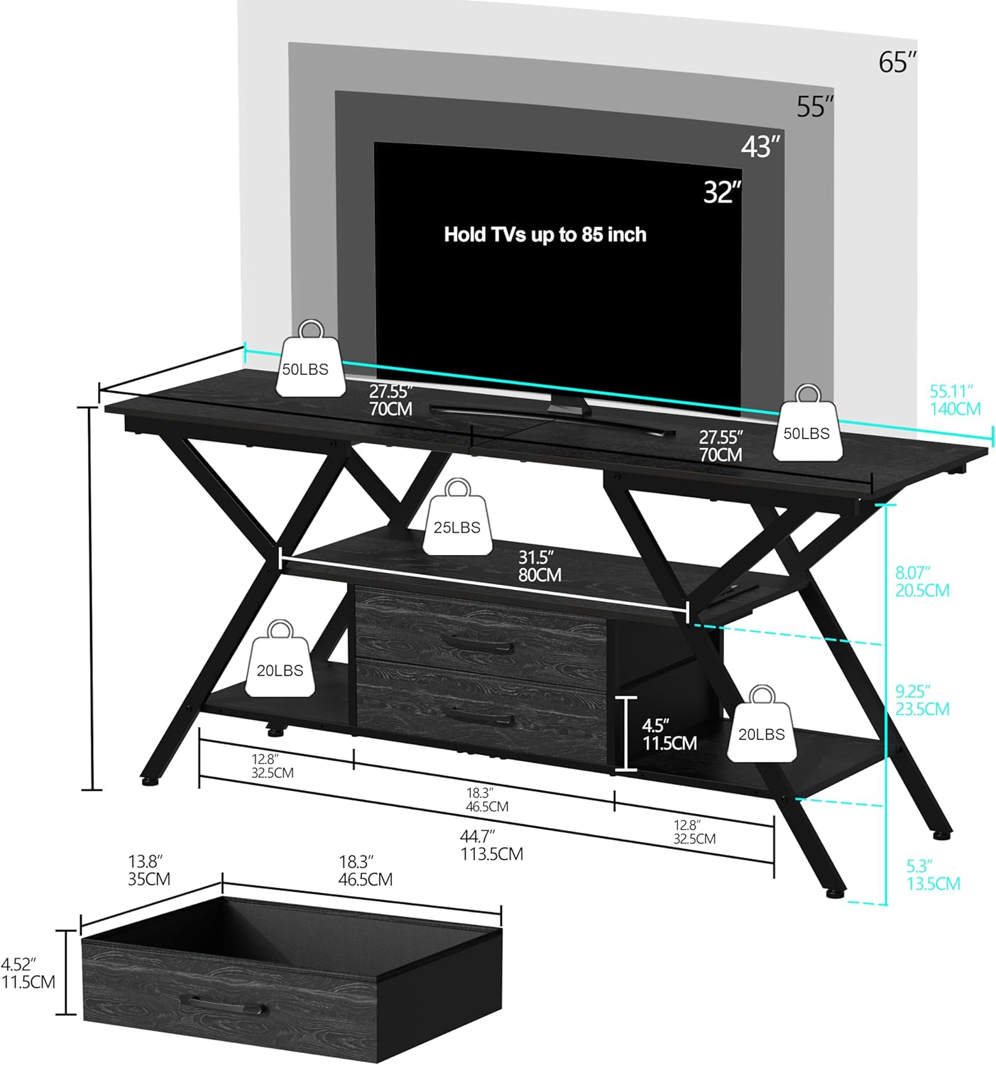 TV Stand with Power Outlet and LED Lights, Fits TVs up to 65”, 2 Fabric Drawers Entertainment Center with Open Storage Shelves, Media Console for Living Room, Bedroom (Charcoal Black)