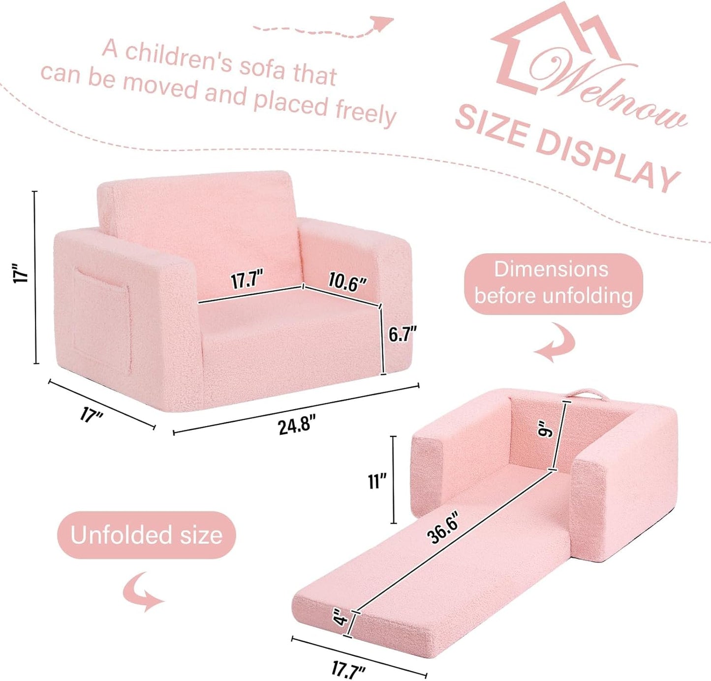 Welnow Toddler Chair, 2-in-1 Soft Sherpa Kids Sofa, Convertible Toddler Couch Lounger, Flip Out Kids Couch Chair with Side Pockets & Removable Cover for Girls and Boys, Pink