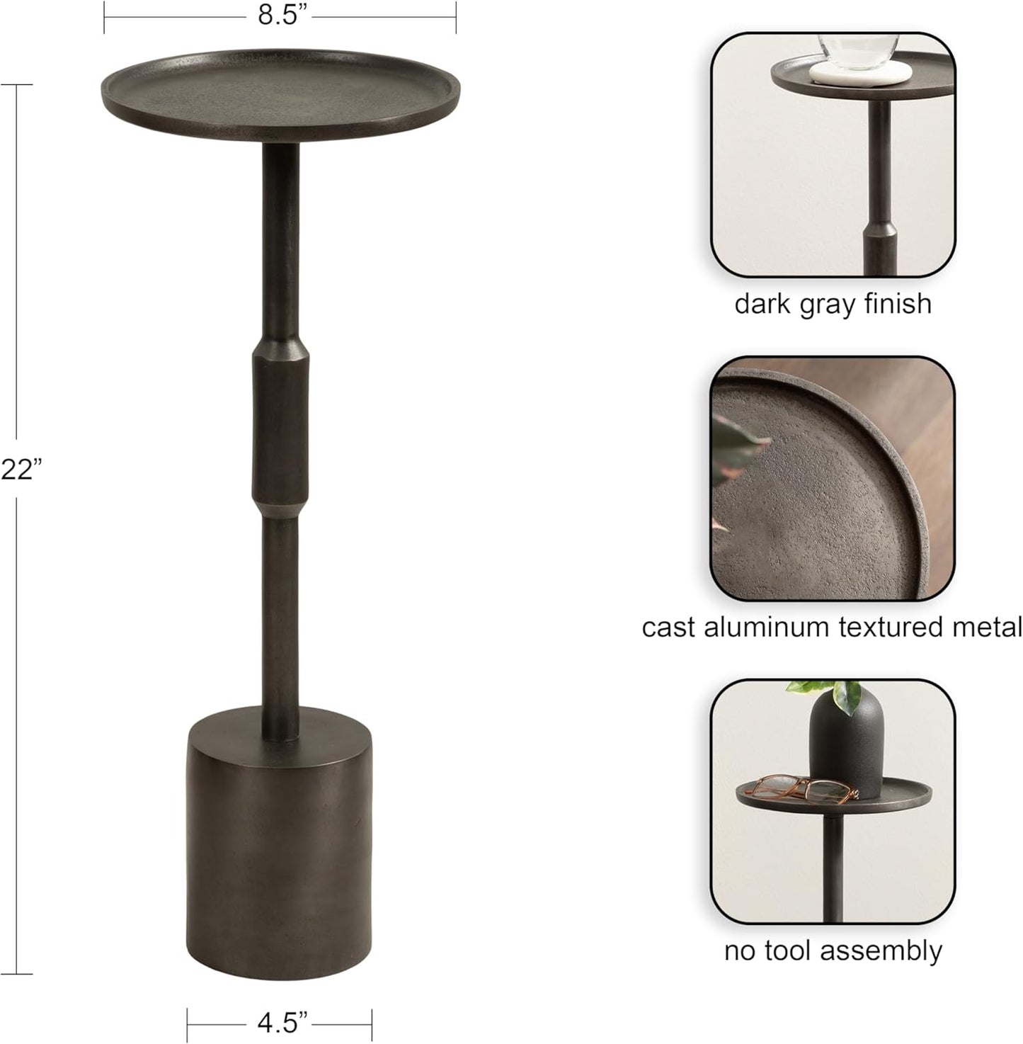 Kate and Laurel Truxton Modern Round Metal Drink Table, 9 x 9 x 22, Graphite, Industrial Cast Aluminum Pedestal Table for Use as Indoor Plant Stand or Living Room Decor