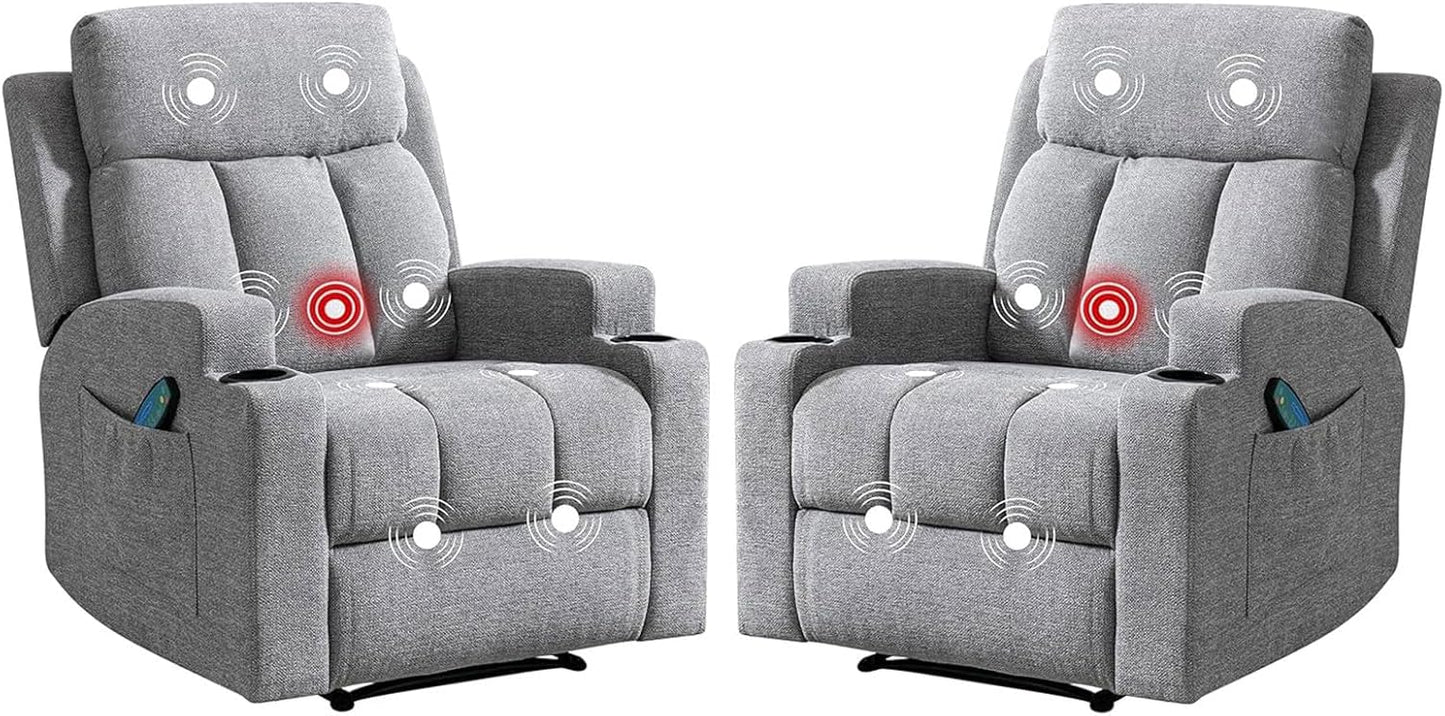 Phoenix Home Manual Recliner Chair Set of 2 with Massage and Heat, Ergonomic Overstuffed Breathable Fabric Recliner Single Sofa Seat with 2 Cup Holders, Living Room Lounge Recliners on Clearance, Gray