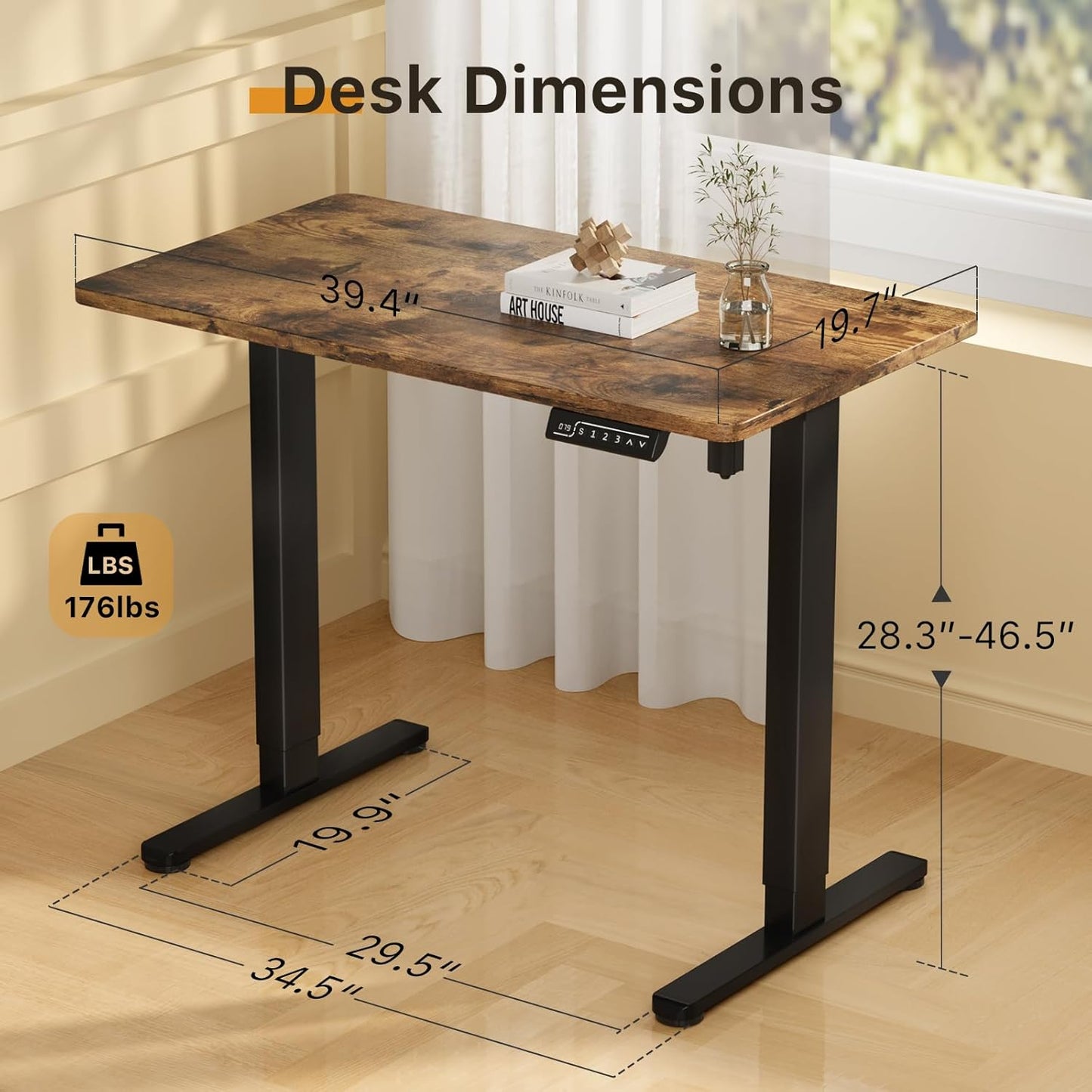 JOY worker Small Electric Standing Desk, 40" x 20" Whole Piece Height Adjustable Table with Memory Controller, Black Sit to Stand Desk Workstation for Home Office, Rustic Brown