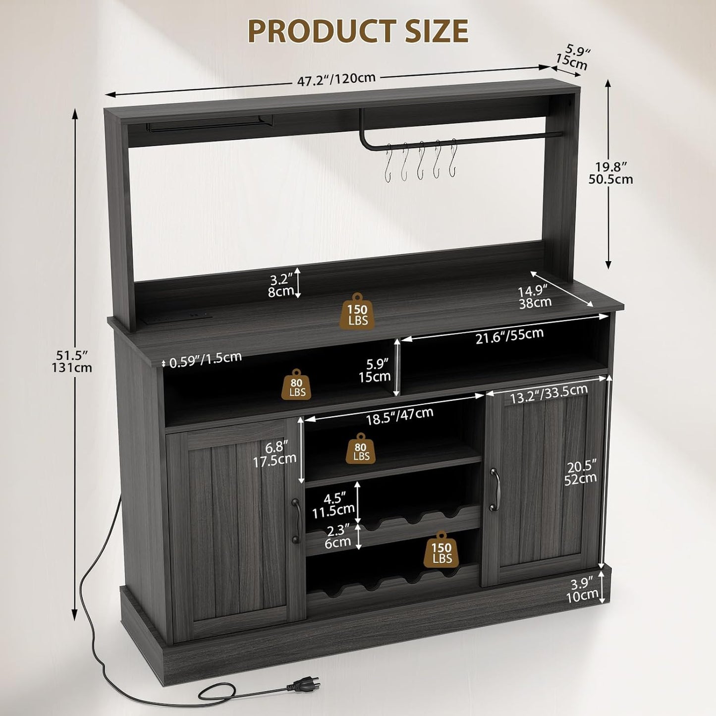 47" Farmhouse Buffet Sideboard Cabinet with Power Outlets Coffee Bar Cabinet with Storage, Large Buffet Storage Cabinet Table with Wine Racks, Goblet Holder, Hooks for Kitchen, Dining Room, Grey