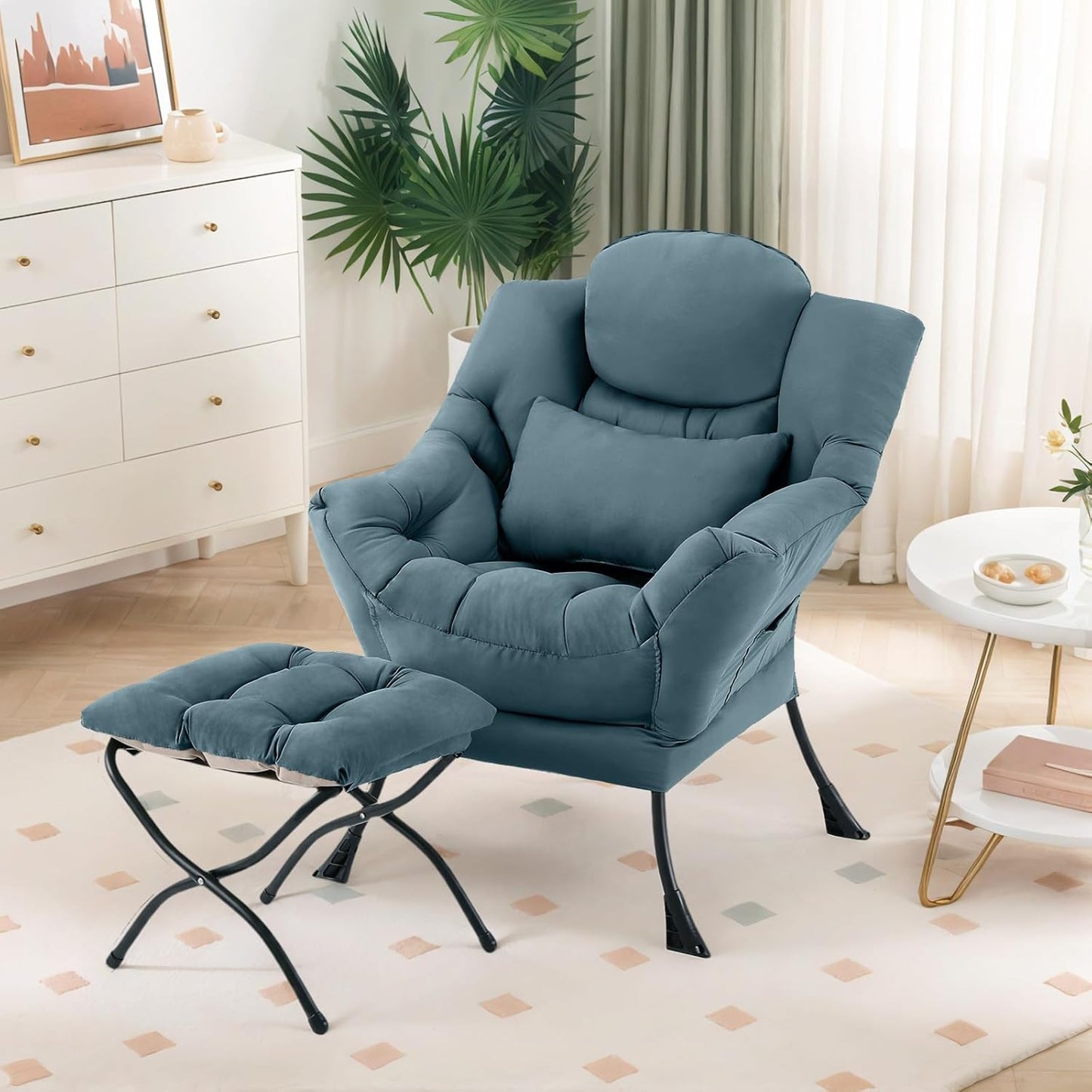 Lazy Chair with Ottoman, Modern Lounge Chair with Lumbar Pillow, Accent Cozy Reading Armchair and Folding Footstool for Bedroom, Dorm, Living Room,Peacock Blue