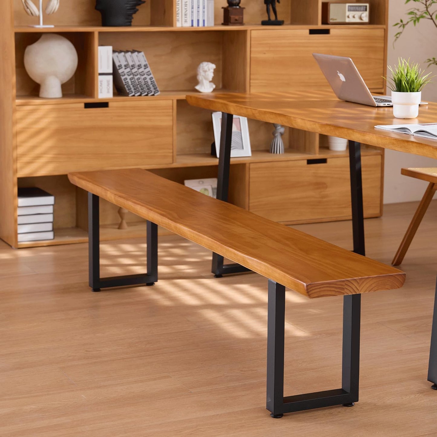 Solid Wood Top Bench with Metal Legs Durable Long Bench for Home Office Living Room Dining Room Versatile Multi Size Options Perfect Chair Stool Dining Bench Dining Chair (Light brown bench, 62.99in)