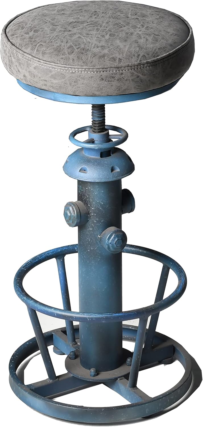 Topower American Antique Industrial Round Bottom Adjustable Height Cafe Coffee Retro Vintage Stylish Water Pipe Design Pub Kitchen Bar Stool (Antique Blue, PU Leather Top)