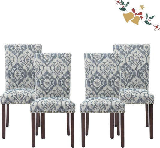 Parsons Dining Chairs Set of 4, Upholstered Nailhead Dining Room Kitchen Side Chair with Thick Cushions and Wood Legs, White/Blue