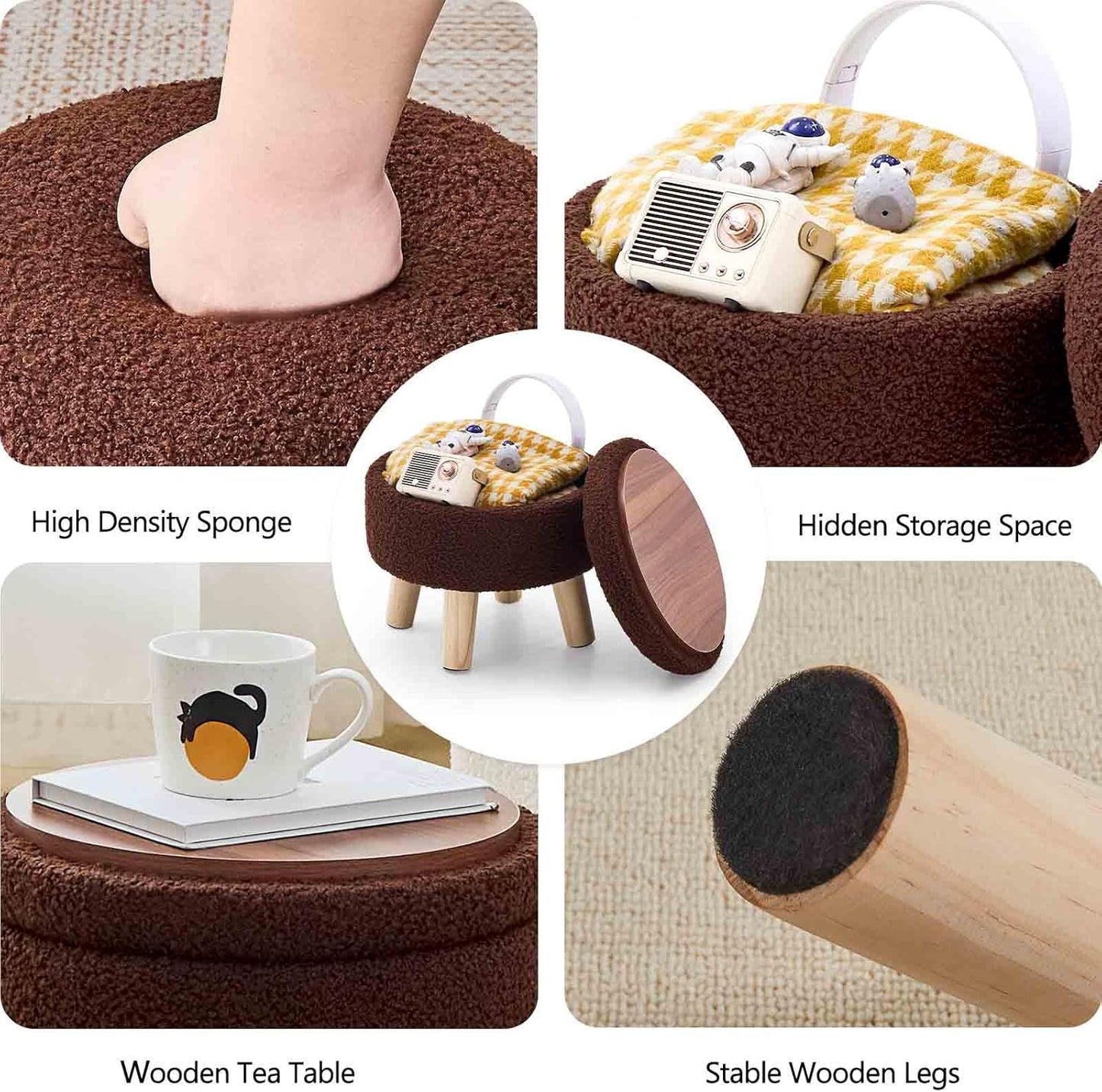 Wimarsbon Storage Ottoman, Modern Round Footrest with Soft Padded Seat, Teddy Velvet Footstool with Wood Legs, Accent Small Table or Plant Stand for Hallway, Living Room (Brown)