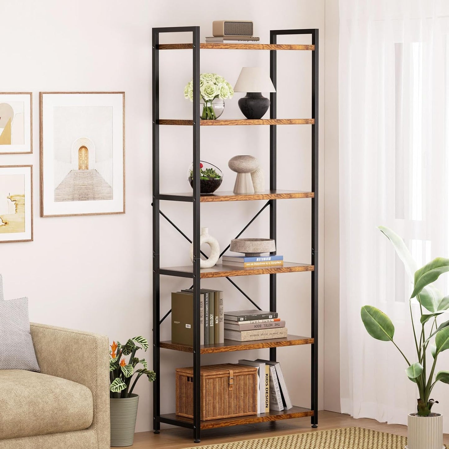 Casaottima Book Shelf, 6 Tier Tall Bookshelf, Modern Wood Bookcase Shelves for Bedroom, Industrial Display Shelf for Living Room Home Office Kitchen, Standing Shelving Unit Storage Organizer, Vintage