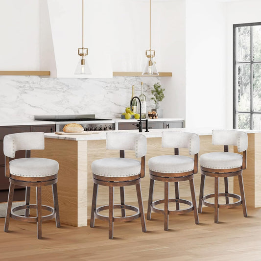 COLAMY Swivel Bar Stools Set of 4, Swivel Counter Height Barstools with Back, 25 Inch Modern Upholstered Bar Stools for Kitchen Island Dining Room Bar, Beige