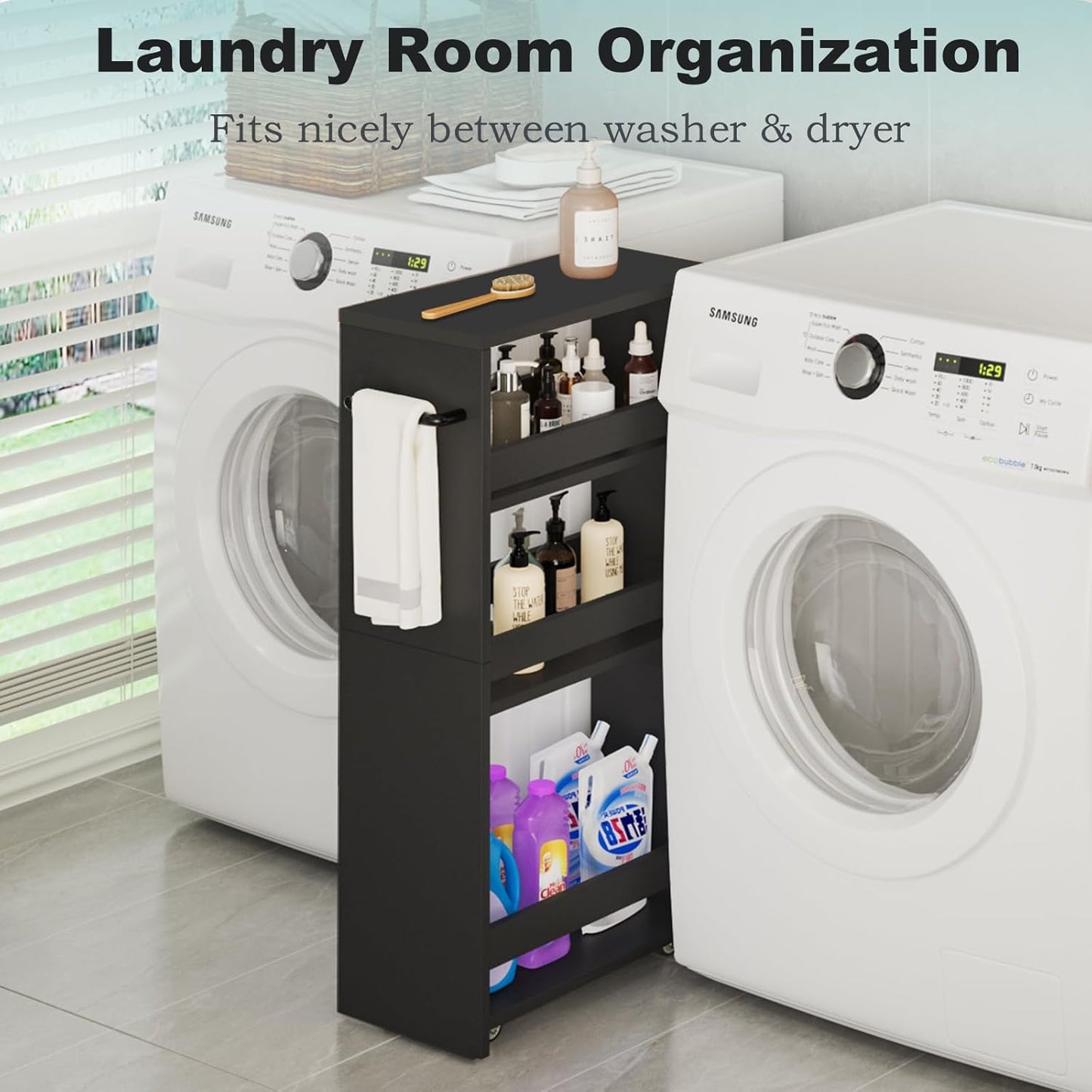 MARTY Rolling Storage Cart 7.9" W, 4-Tier Kitchen Cart with Wheels Handle, Slim Storage Cart Mobile Shelving Utility Carts for Bathroom Laundry Room Organization Narrow Places (All Black)