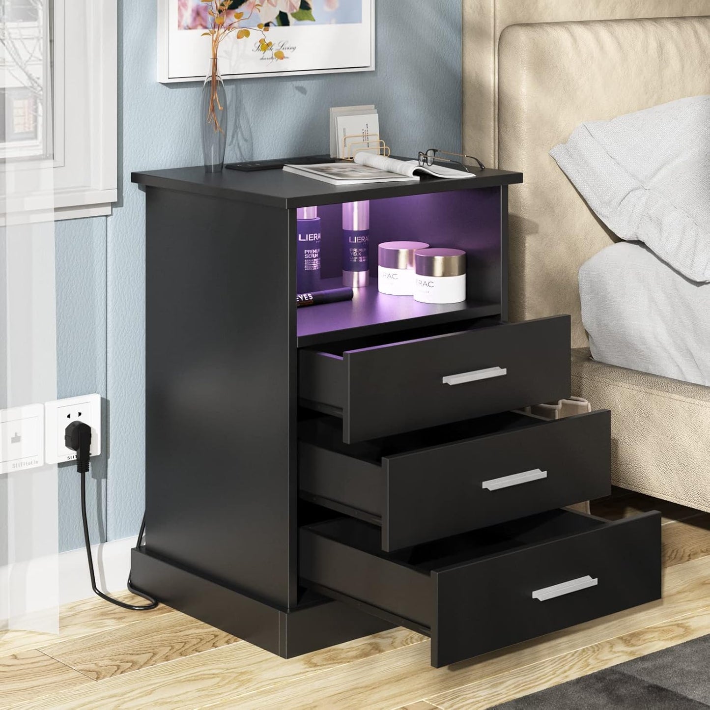 Black LED Nightstand with Charging Station, Side Table with 3 Drawers and Light, End Table with Open Storage, Beside Cabinet for Bedroom (Black)
