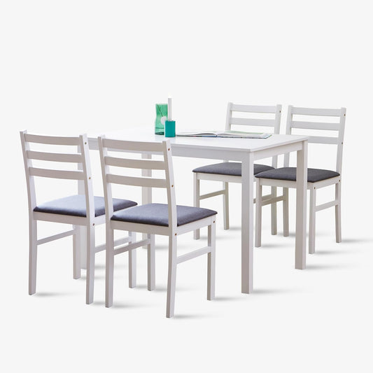 Livinia Seattle 5-Piece Wooden Dining Table Set for 4, Modern Farmhouse Kitchen Dining Room Set with Solid Wood Ladder Back Chairs for Small Space (White)