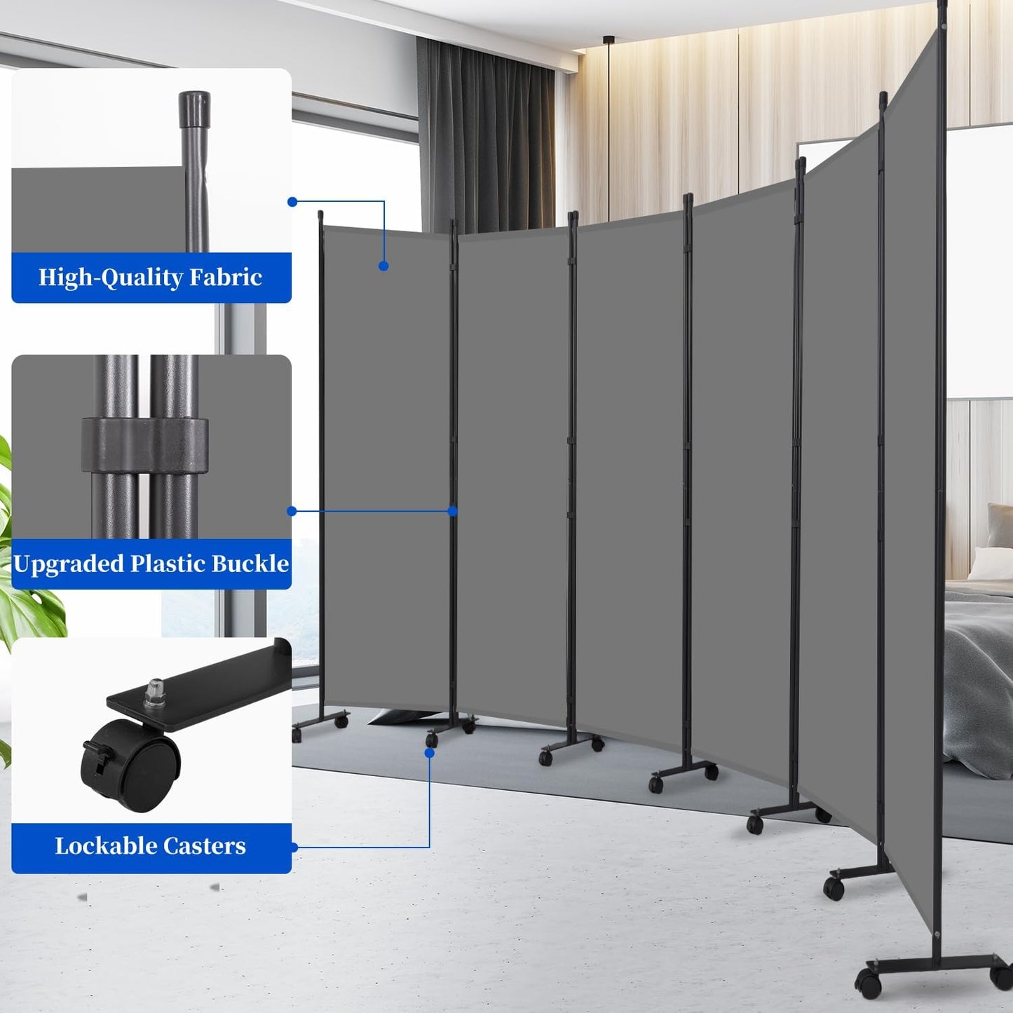 Room Divider 6FT Room Partition with Lockable Wheels, 6 Panel (Thicked Metal Base) Room Dividers, Freestanding Indoor Folding Privacy Screens, Portable Fabric Wall Divider for Room Separation, Grey