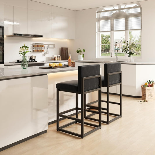 Barstools Set of 2 Black Metal Bar Stools Modern Bar Chairs Pu Leather for Kitchen Island Counter Height Cafe Resturant Stools, 26 Inch