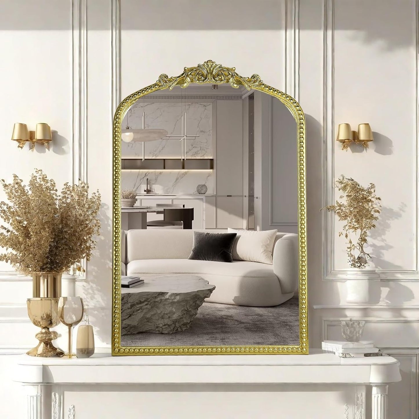 Gold Vintage Mirror, Arched Antique Mirror with Ornate Frame for Bathroom Wall, Living Room, Fireplace, 39.5x26 Inch.