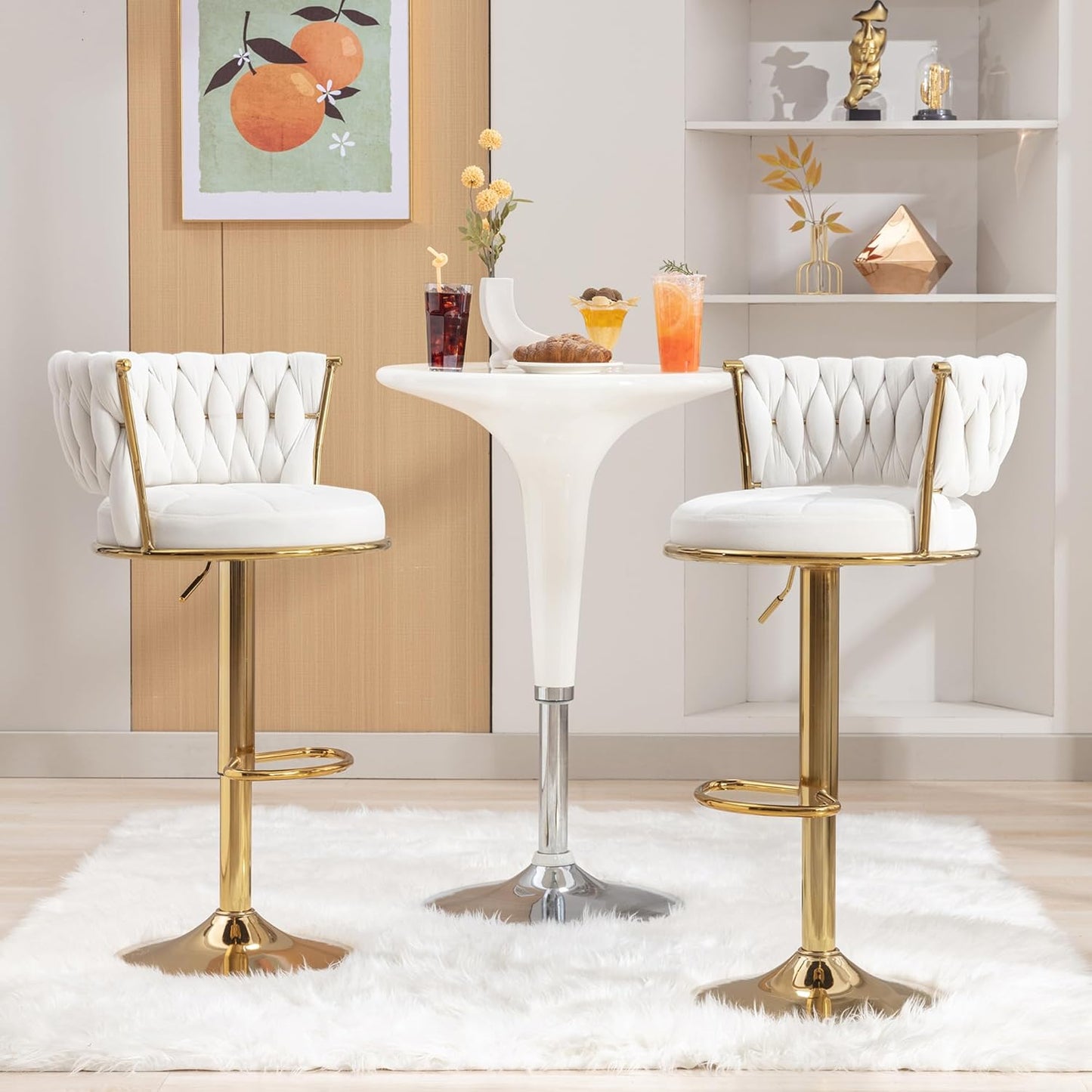VECELO Bar Stools Set of 2, Adjustable Barstools Counter Height Stools with Back and Arm, Velvet Woven Kitchen Island Stools w/Gold Metal Leg & Base, 360° Swivel Bar Chair for Pubs Dining Room, White