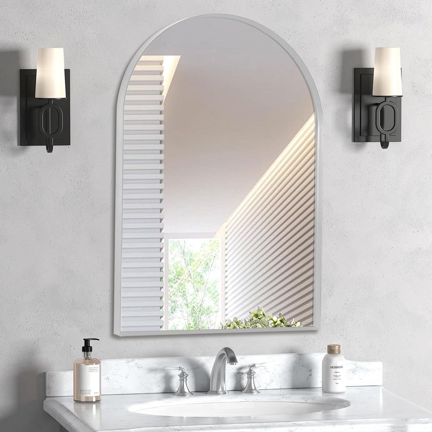 24" x 32" Silver Arched Mirror, Arch Wall Mirror, Metal Frame Black Bathroom Mirror, Arched Top Bathroom Vanity Mirror for Living Room, Bedroom, Entryway, Tempered Glass, Shatter Proof