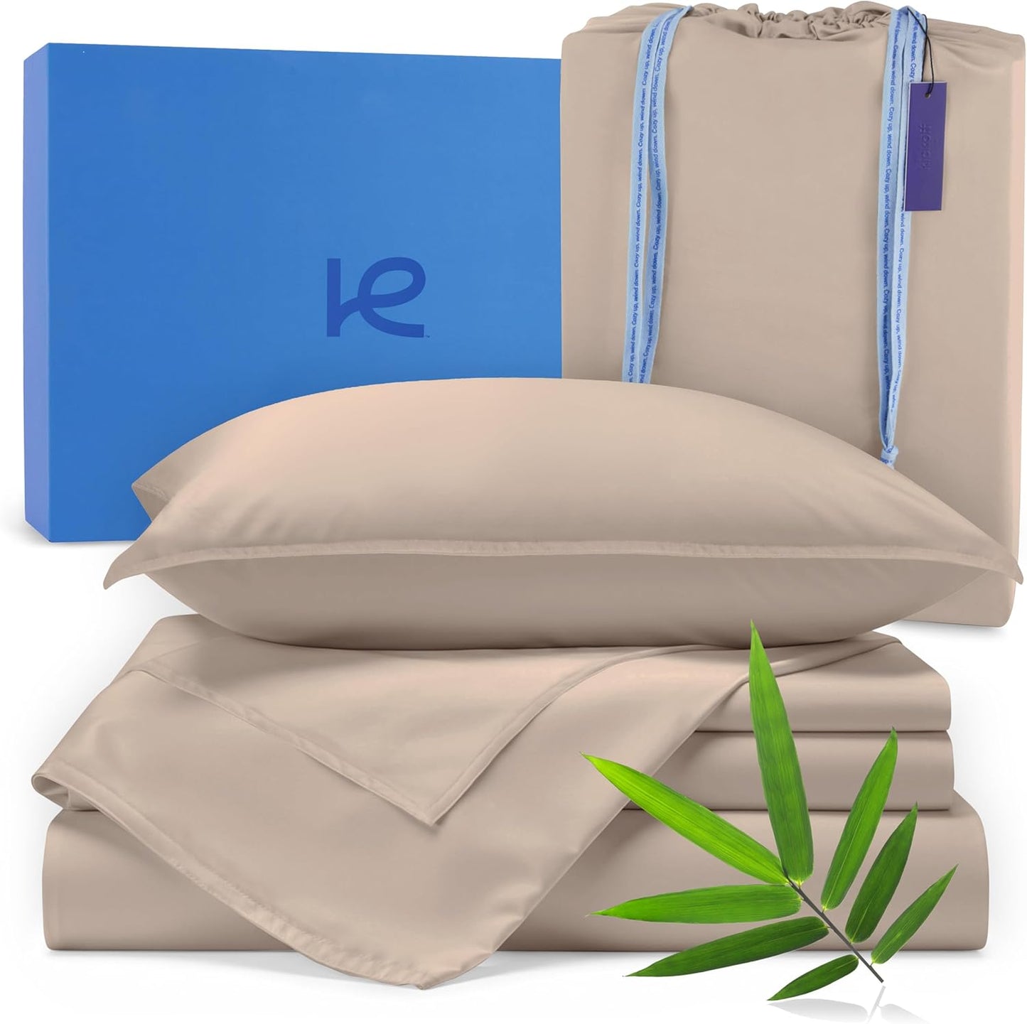 Kickoff Viscose Bamboo Sheets California King Size 4-pc 100% Organic Bamboo Viscose Bed Cooling Sheets Cal King Set Cool Bedding for hot Sleepers Sheet, Flat, Fitted, Pillowcases (Iced Latte, CK)