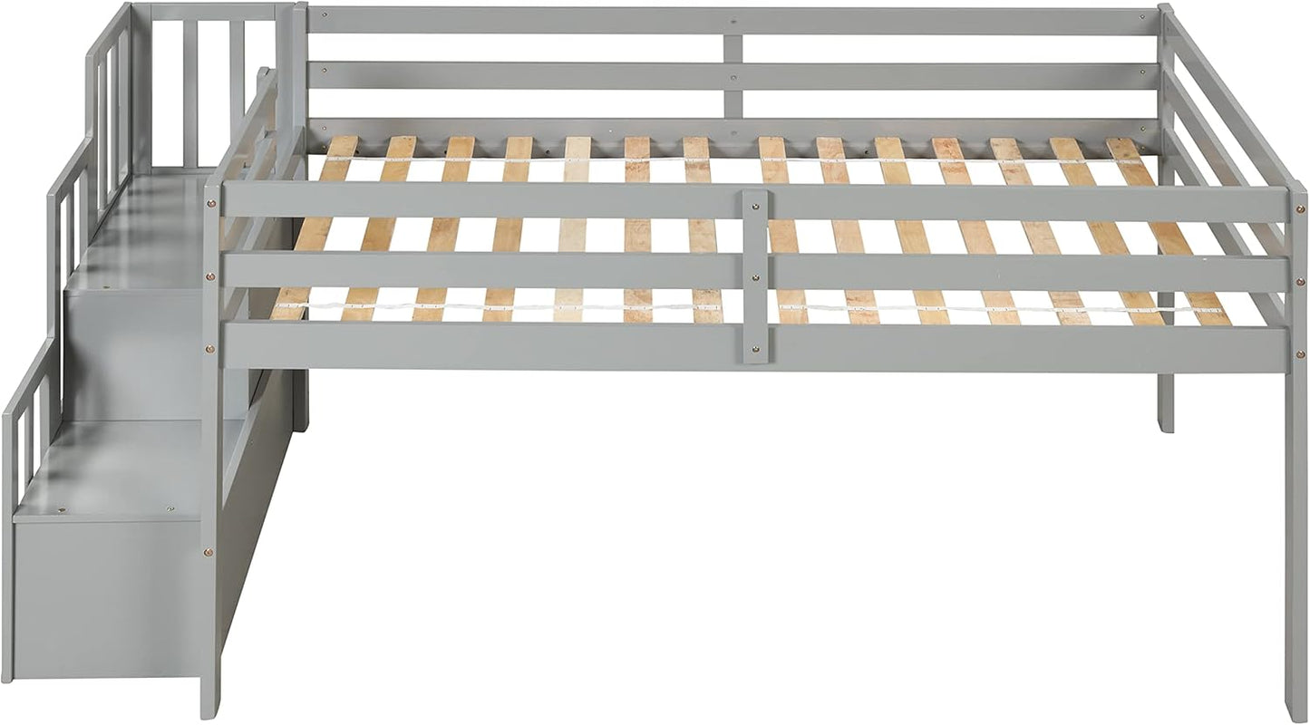 HomSof Loft Bed with Stairs and Storage,Gray