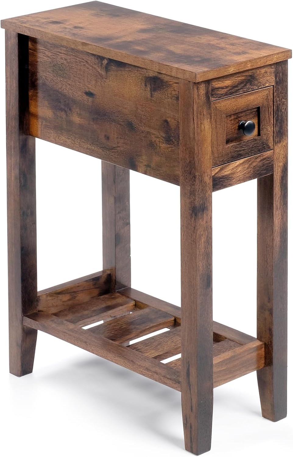 Chairside Table with Charger,Cherry End Table with Movable Top and Charging Station, Narrow Side Table with Storage Cabinet and USB, Sofa Table for Living Room Bedroom