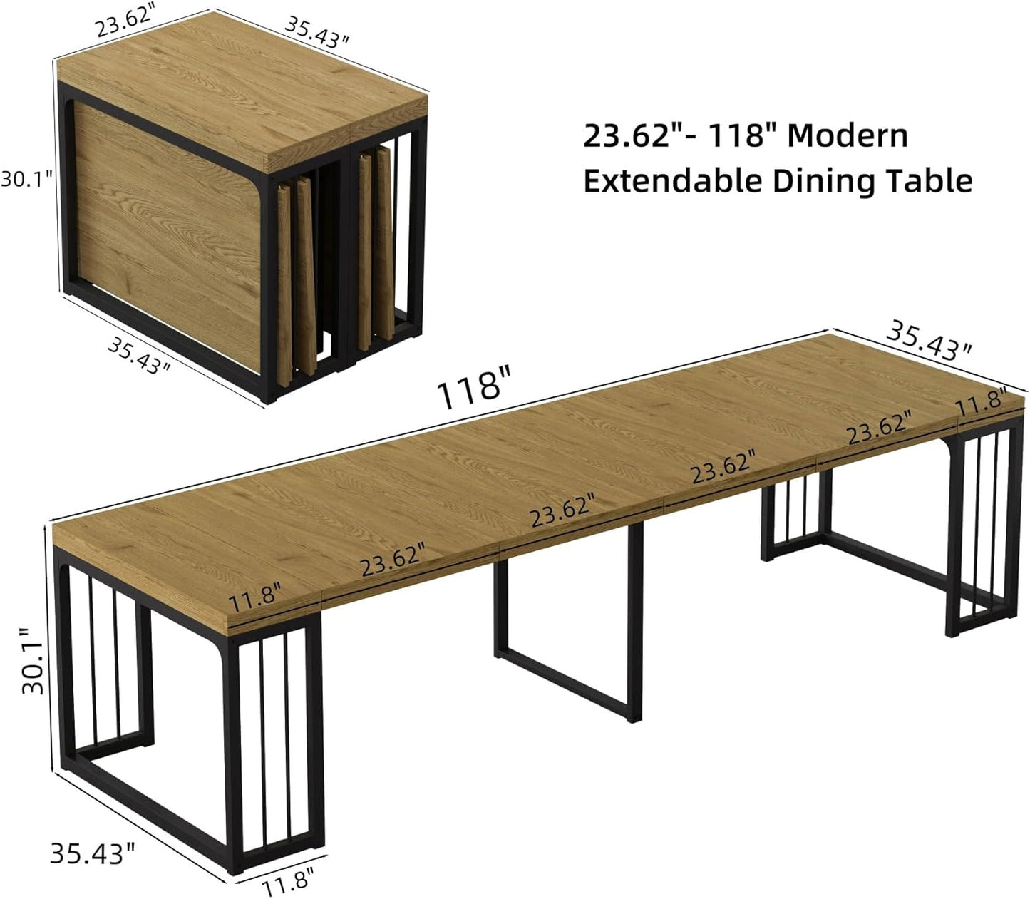 KEIKI 23.62" - 118" L Extendable Foldable Dining Room Table for 2-10 People, Wood Modern Rustic Rectangle Expandable Kitchen Living Meeting Room Furniture, 5 Tabletop Length Options