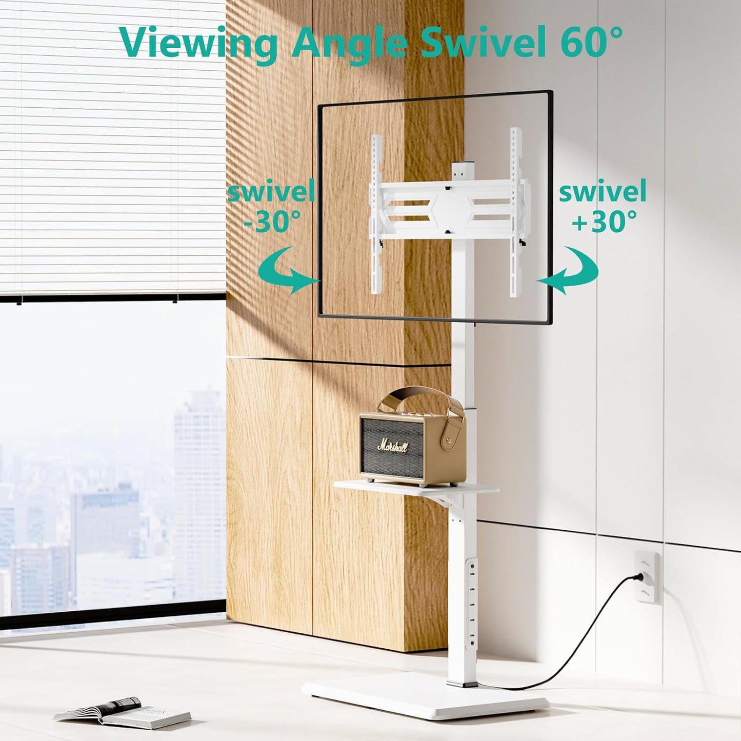 WALI Floor TV Stand with Power Outlet & AV Shelf, Tall TV Stand Mount for 32-75 inch TV up to 110 lbs, Swivel and Height Adjustable TV Stands with Wood Base for Bedroom, Office(TVDVD-6PW), White