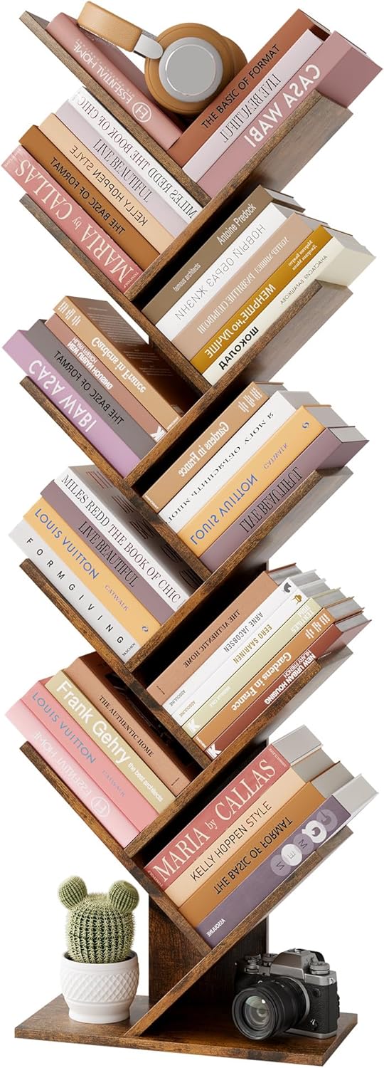 Hoctieon 10 Tier Tree Bookshelf, 10 Shelf Bookcase, Free Standing Tree Bookcase, Display Floor Standing Shelf for Books, Book Organizer Shelves for Home Office, Living Room, Bedroom, Rustic Brown