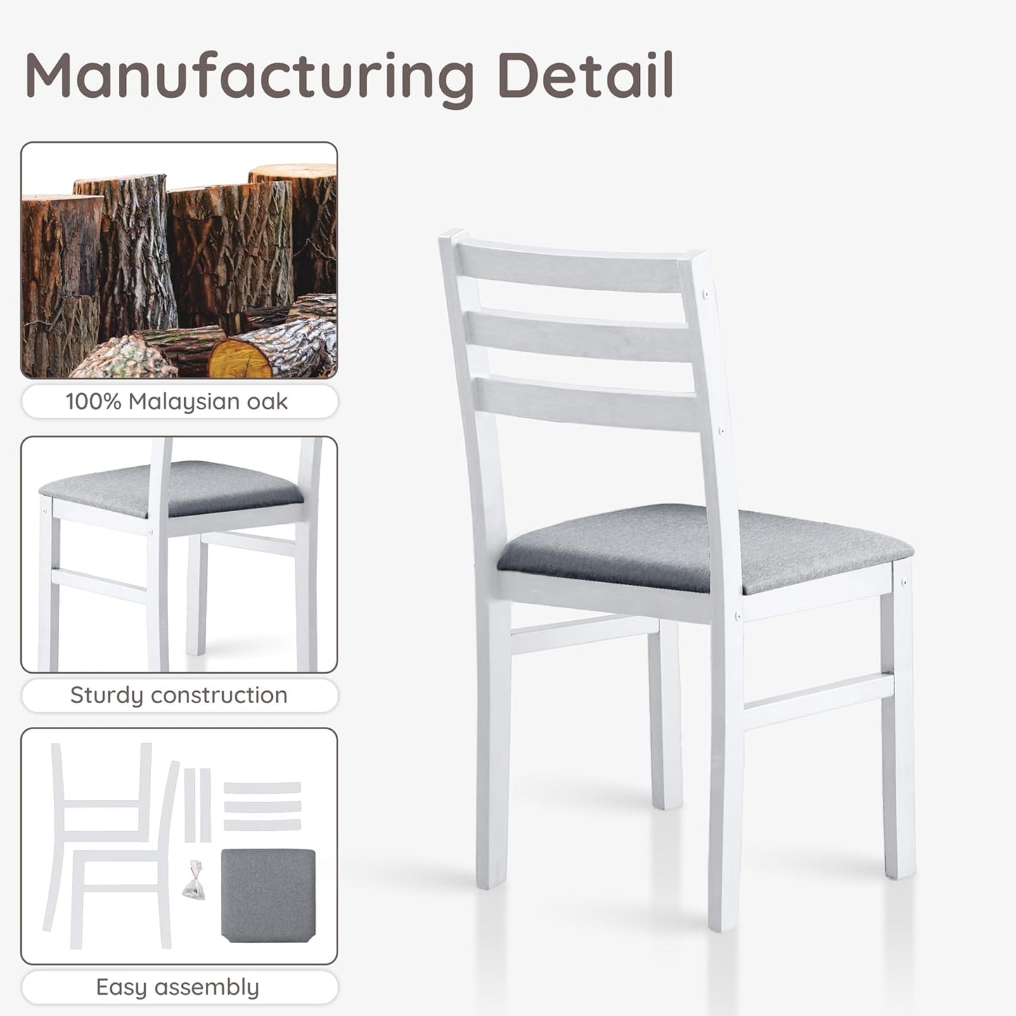 Livinia Seattle Modern Farmhouse Kitchen Dining Room Chair Set of 4, Solid Wood Fabric Upholstered Cushion Seat Wood Ladder Back Chairs (White)