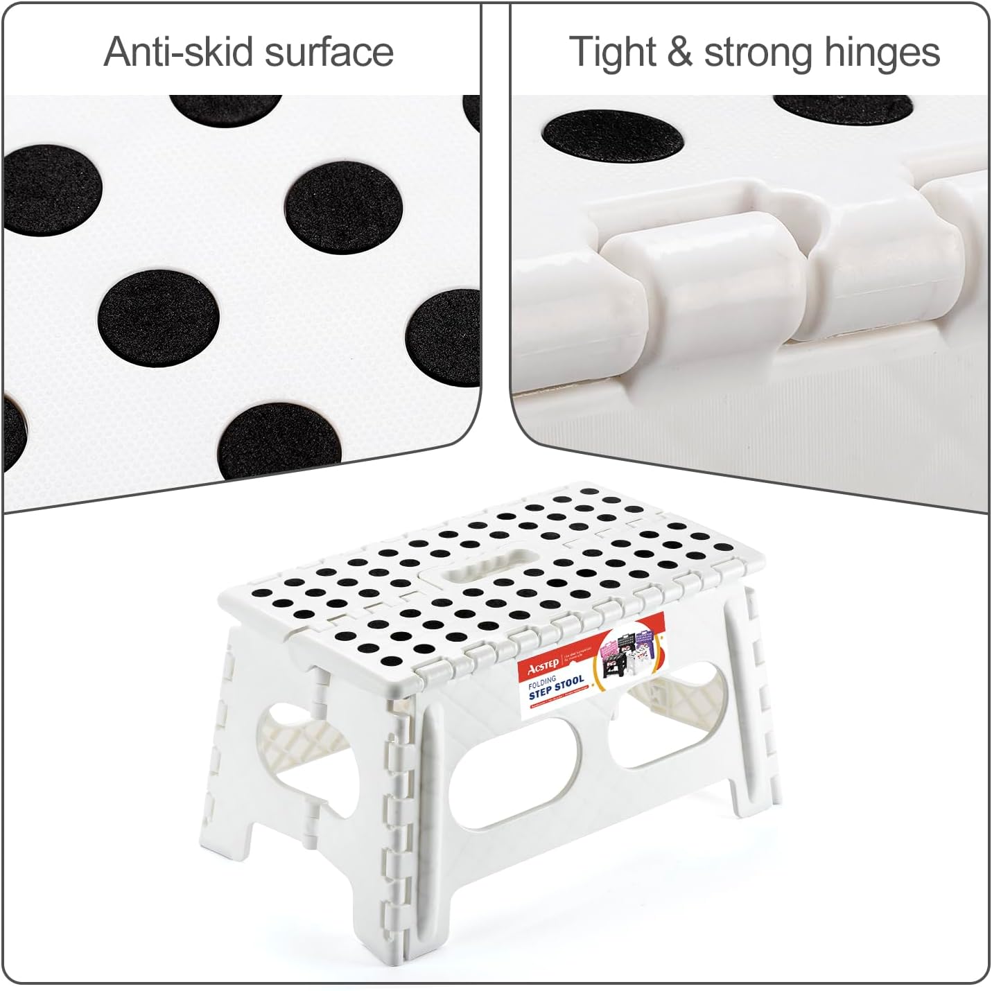 ACSTEP Folding Step Stool 9 Inch,15-Inch Extra Wide Heavy Duty Stepping Stool More Safe and Comfortable Non Slip Foldable Step Stool for Kids and Adults White