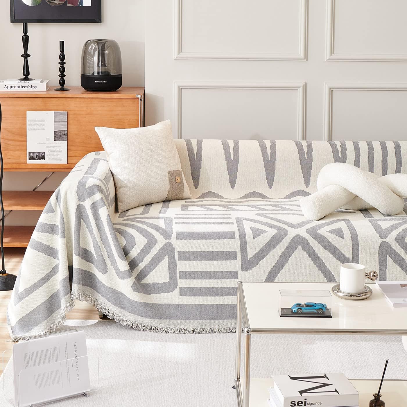 VM VOUGEMARKET Sectional Couch Cover for 3 Cushion Geometric Pattern Chenille Sofa Cover Dog Cat Proof Universal Sofa Slipcover L Shaped Sofa Furniture Protector with Tassels-71 x 134,Gray