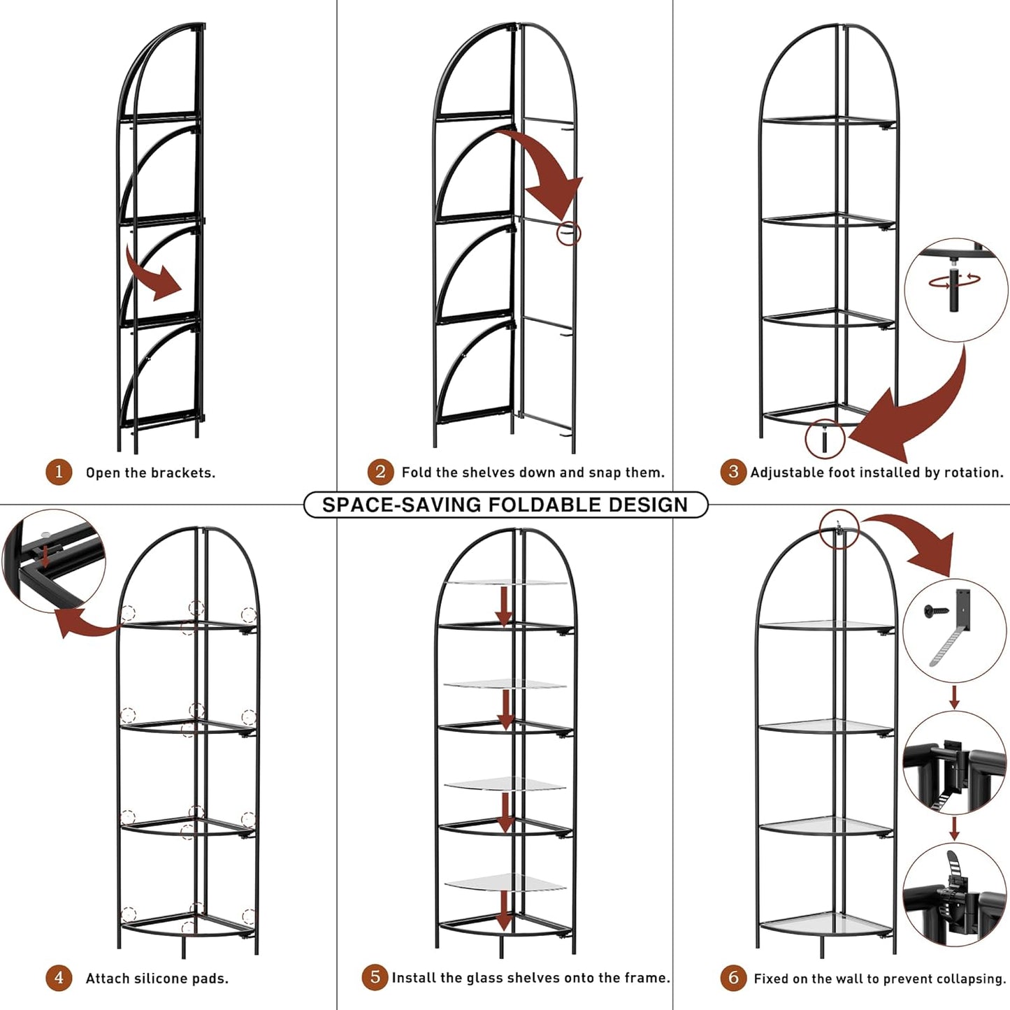 Crofy Foldable 4 Tier Corner Shelf, Metal Corner Plant Stand with Black Frame and Transparent Shelves, Corner Display Rack Multipurpose Shelving Unit for Living Room, Bedroom, Bathroom