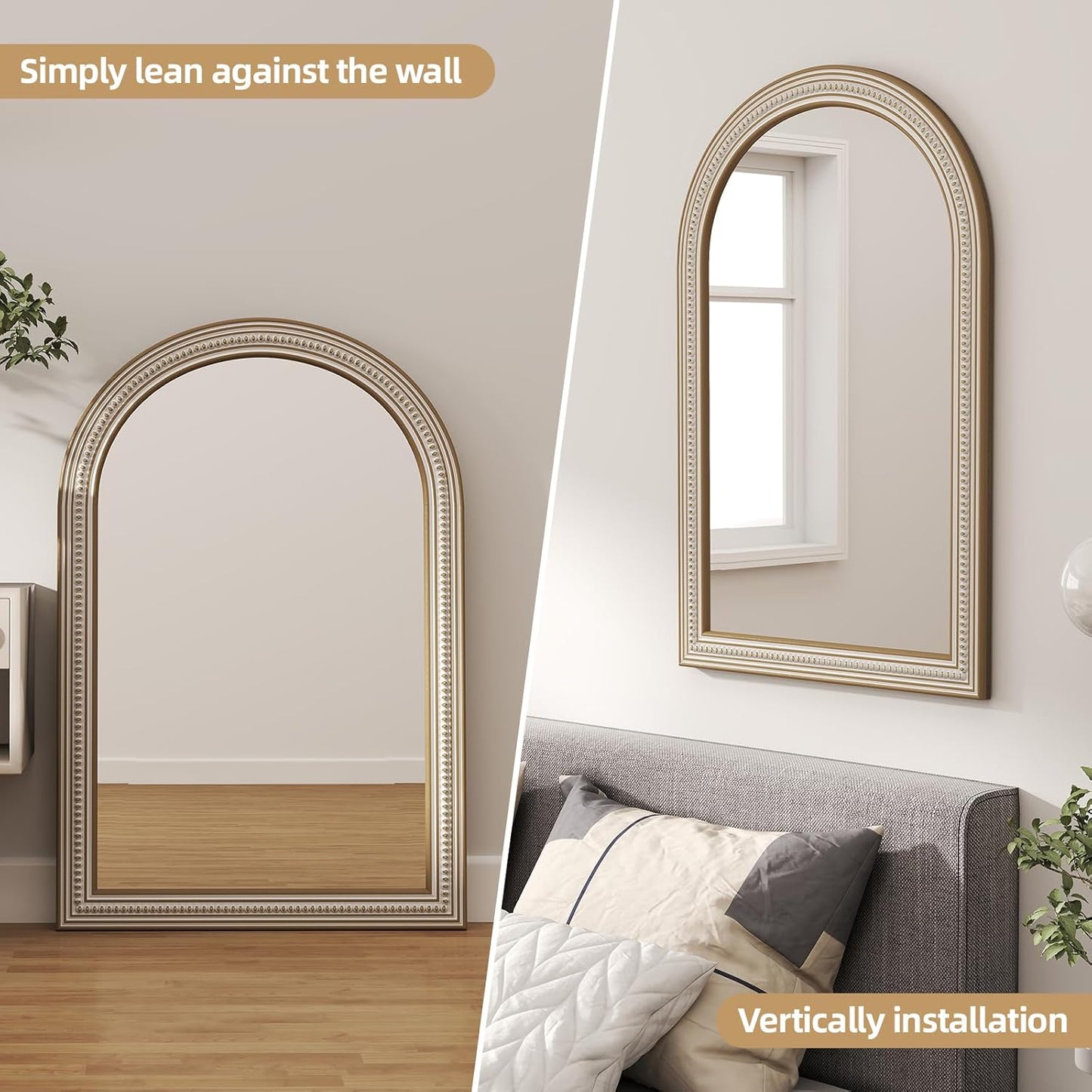 36x24 Inches Farmhouse Wooden Arched Wall Mirrors, Boho Decorative Arch Mirrors for Bathroom Over Sink, Living Room, Hallway, Foyer, Entryway