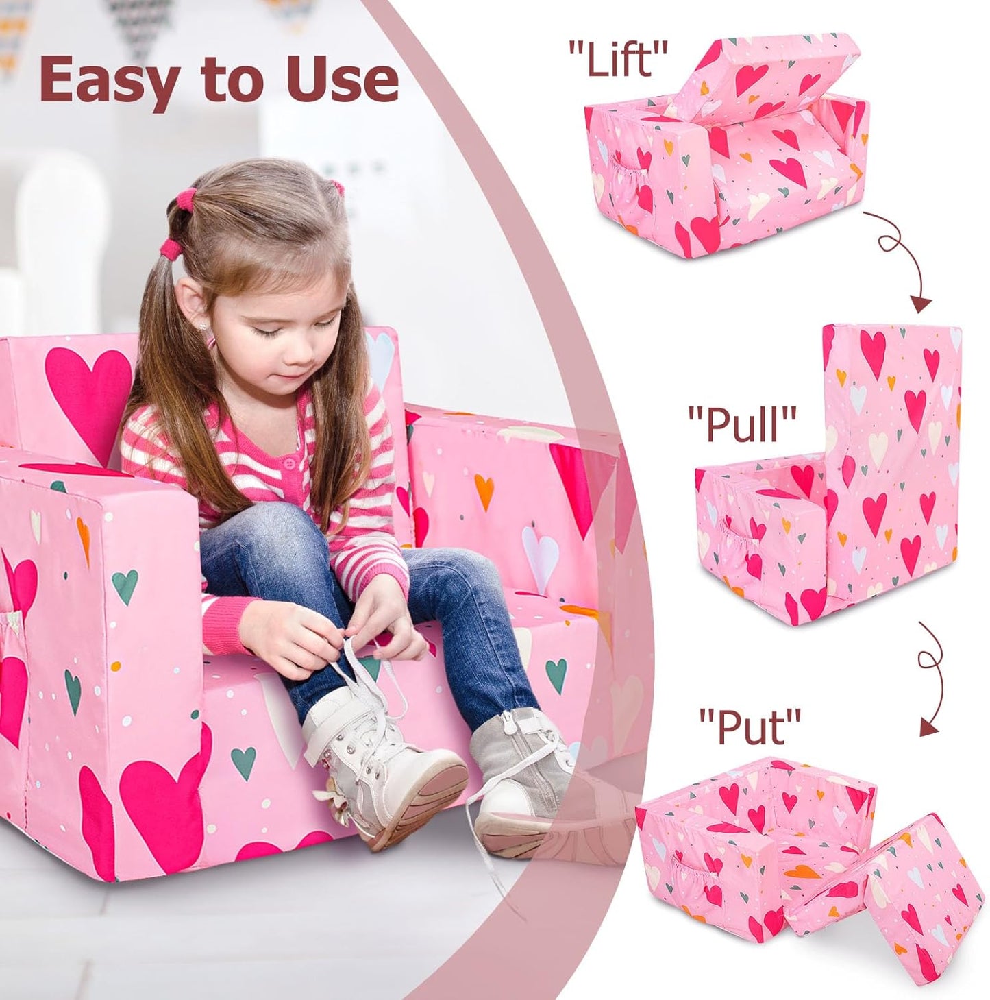 Kids Couch, 2-in-1 Kids Fold Out Sofa, Convertible Toddler Couch to Lounger for Girls and Boys, Soft Toddler Chairs Comfy 1-3 Years Old(Pink Heart)