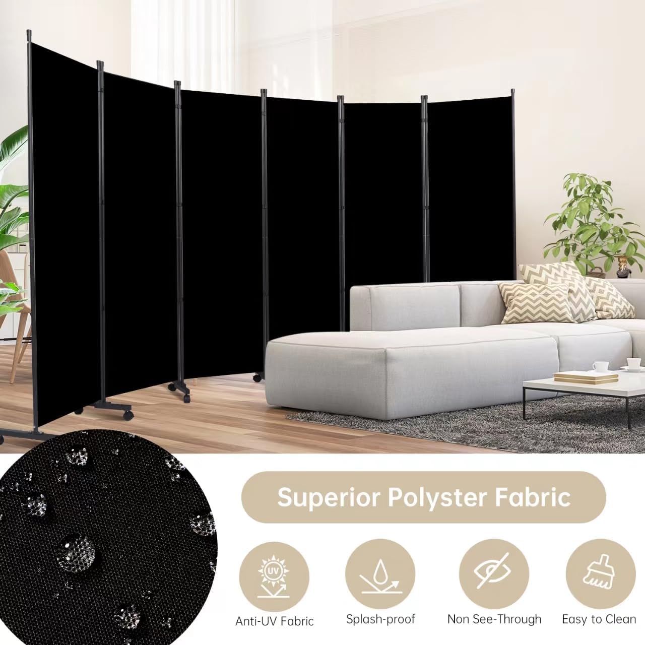 Room Divider 6 Panel Room Dividers/Wheels, Fabric Room Divider Panel for Office Room Partitions and Dividers, Portable Partition Wall Divider for Room Separation, Privacy Screen