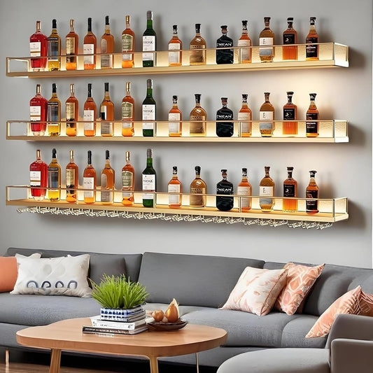 63in Wall-Mounted Metal Wine Rack with LED Lights 3-Tier Floating Bar Shelves with Wine Glass Rack Large Wine Bottle Display Rack Hanging Shelf, for Home Bar Dining Room Decorative (Gold, 160cm/63in)