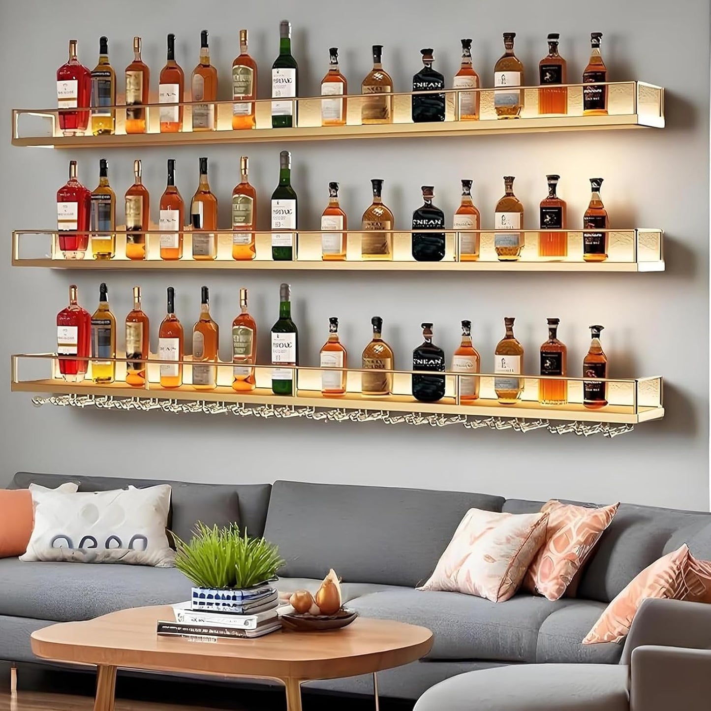 Wall-Mounted Metal Wine Rack with LED Lights 3-Tier Floating Bar Shelves with Wine Glass Rack Large Wine Bottle Display Rack Hanging Shelf, for Home Bar Dining Room Decorative (Gold, 120cm/47.2in)