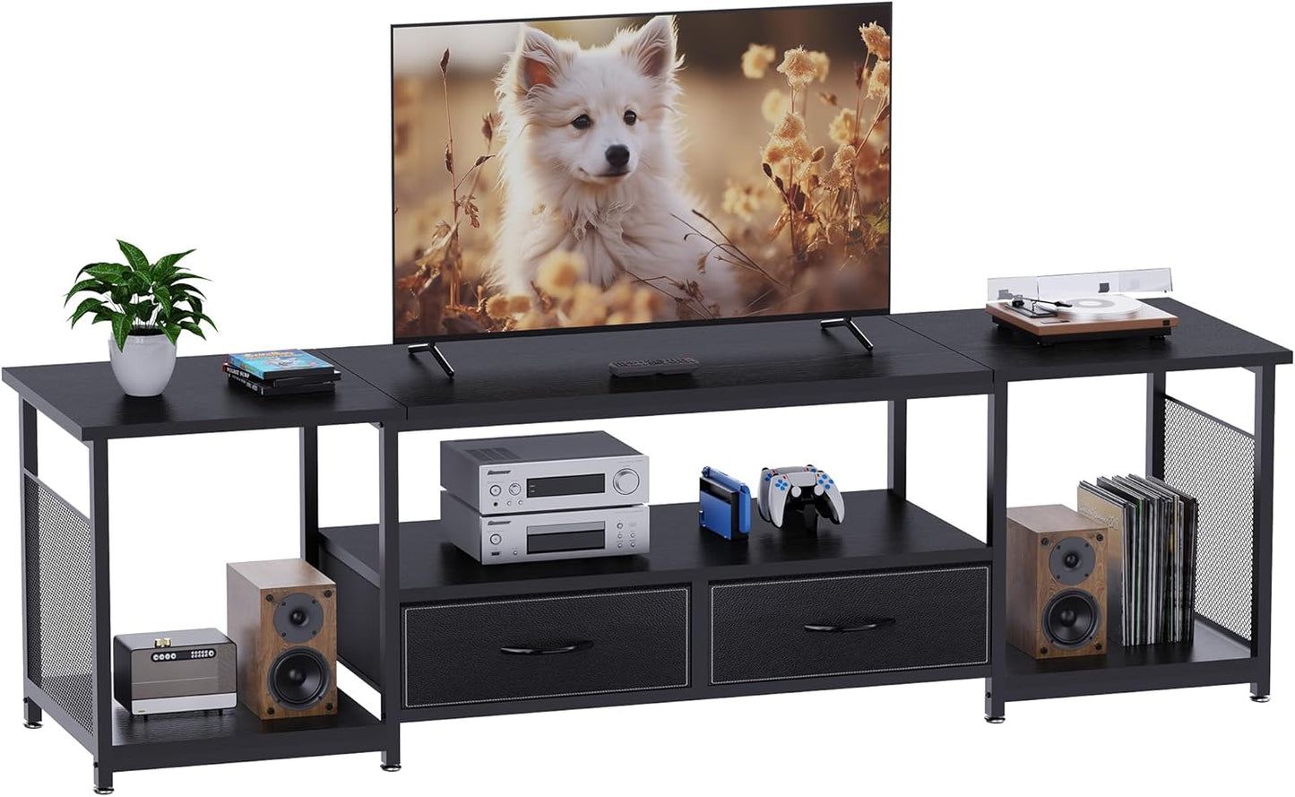 TV Stand with Drawers and Open Storage Shelves for 75 70 65 Inch TV, Entertainment Center with Open Storage Shelves, Industrial Media TV Console Table for Living Room Bedroom Office, Black