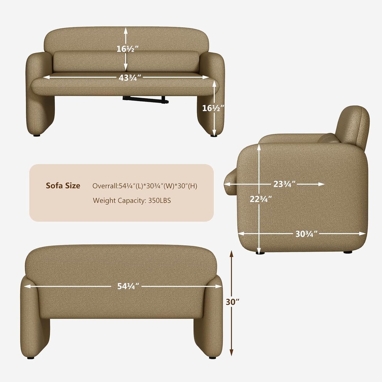 Furnimart Modern Loveseat Sofa, 54" 2-Seater Boucle Sofa, Comfy Upholstered Minimalist Couch, Small Couches for Small Spaces, Apartment, Office, Living Room, Bedroom, Dorm, Chenille Brown