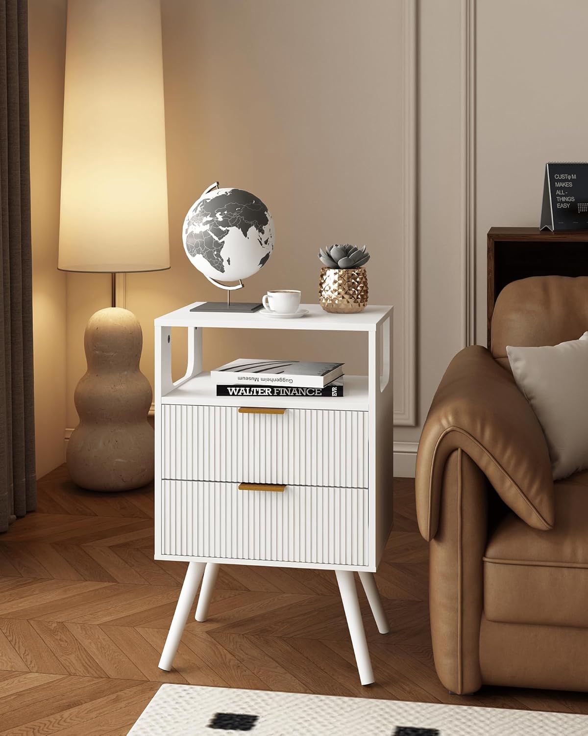 White Nightstand, Modern Bedside Table with 2 Storage Drawer and Open Wood Shelf, for Bedroom and Small Spaces, Night Stand with Solid Wood Legs