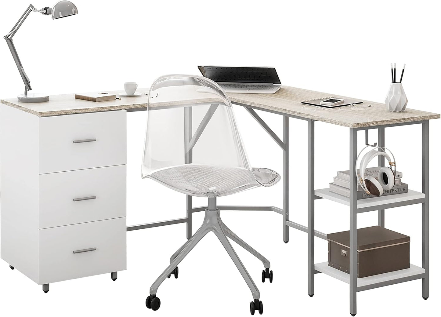 Techni Mobili L Shaped Desk - Two-Toned Computer Desk with Drawers & Storage Shelves - Simple Modern Furniture & Home Office Space Corner Table for Work & Writing