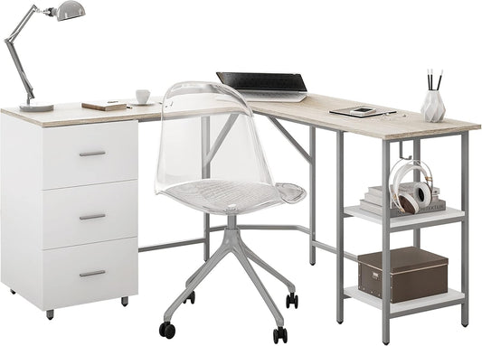 Techni Mobili L Shaped Desk - Two-Toned Computer Desk with Drawers & Storage Shelves - Simple Modern Furniture & Home Office Space Corner Table for Work & Writing