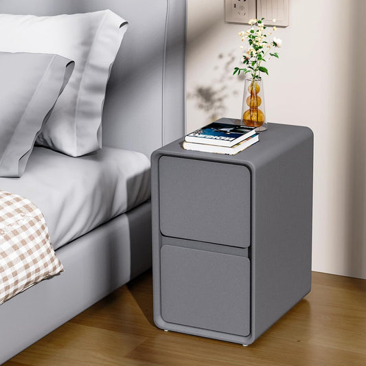 VICITON Modern Narrow Faux Leather Nightstand, Solid Wood Drawer, Storage Accent Table, Small Side End Table for Bedroom (Gray, Nomal(12 inch))