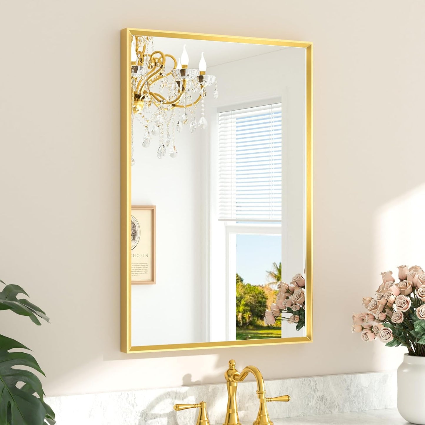 TETOTE Brushed Gold Mirror for Bathroom Sink 24" x 36" Beveled Frame Brushed Gold Brass Vanity Rectangle Mirror for Bathroom Wall, Modern Farmhouse, Tempered Glass, Stronger Frame