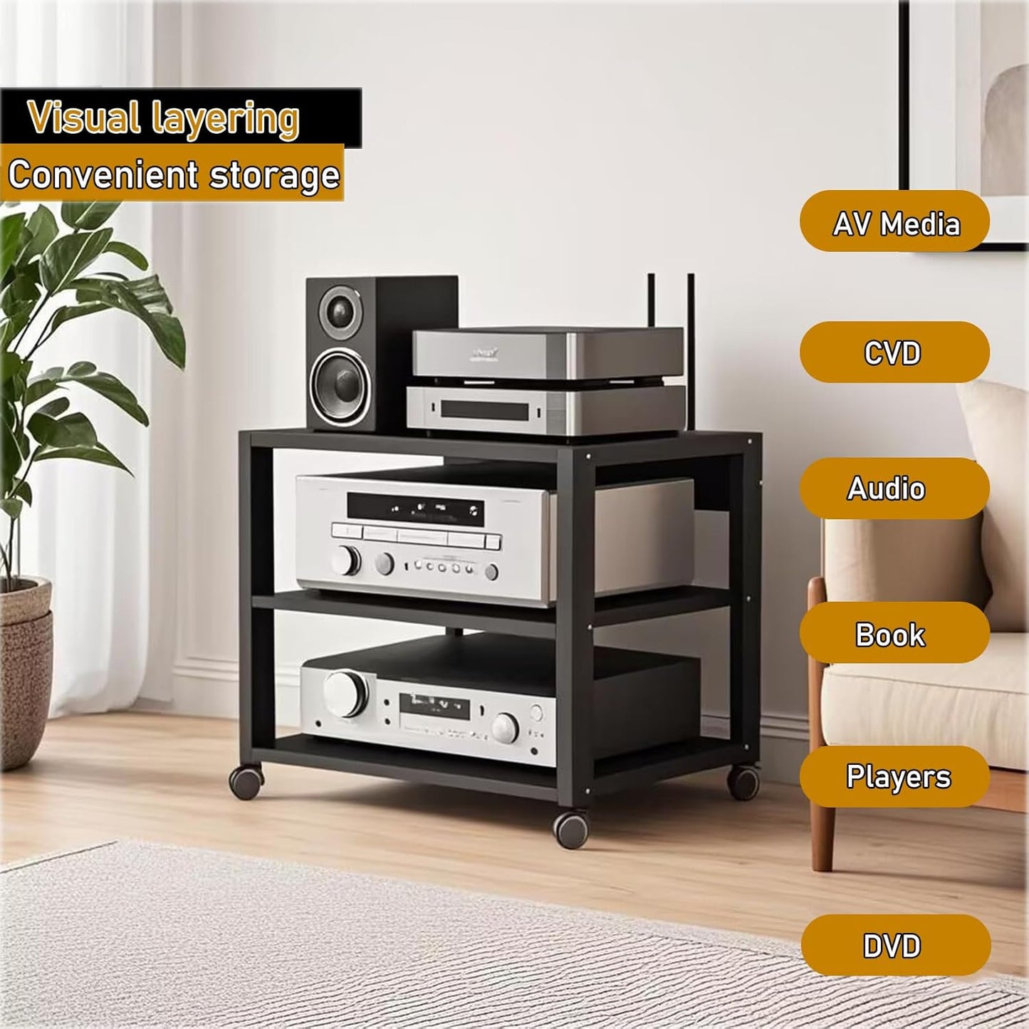 3 Tier Audio Rack Tower, CD Record Player Stereo Receiver AV Equipment Cabinet Display Rack, Weight Capacity 220 lbs, with Adjustable Wooden Shelves for Home (Black, 3tier)