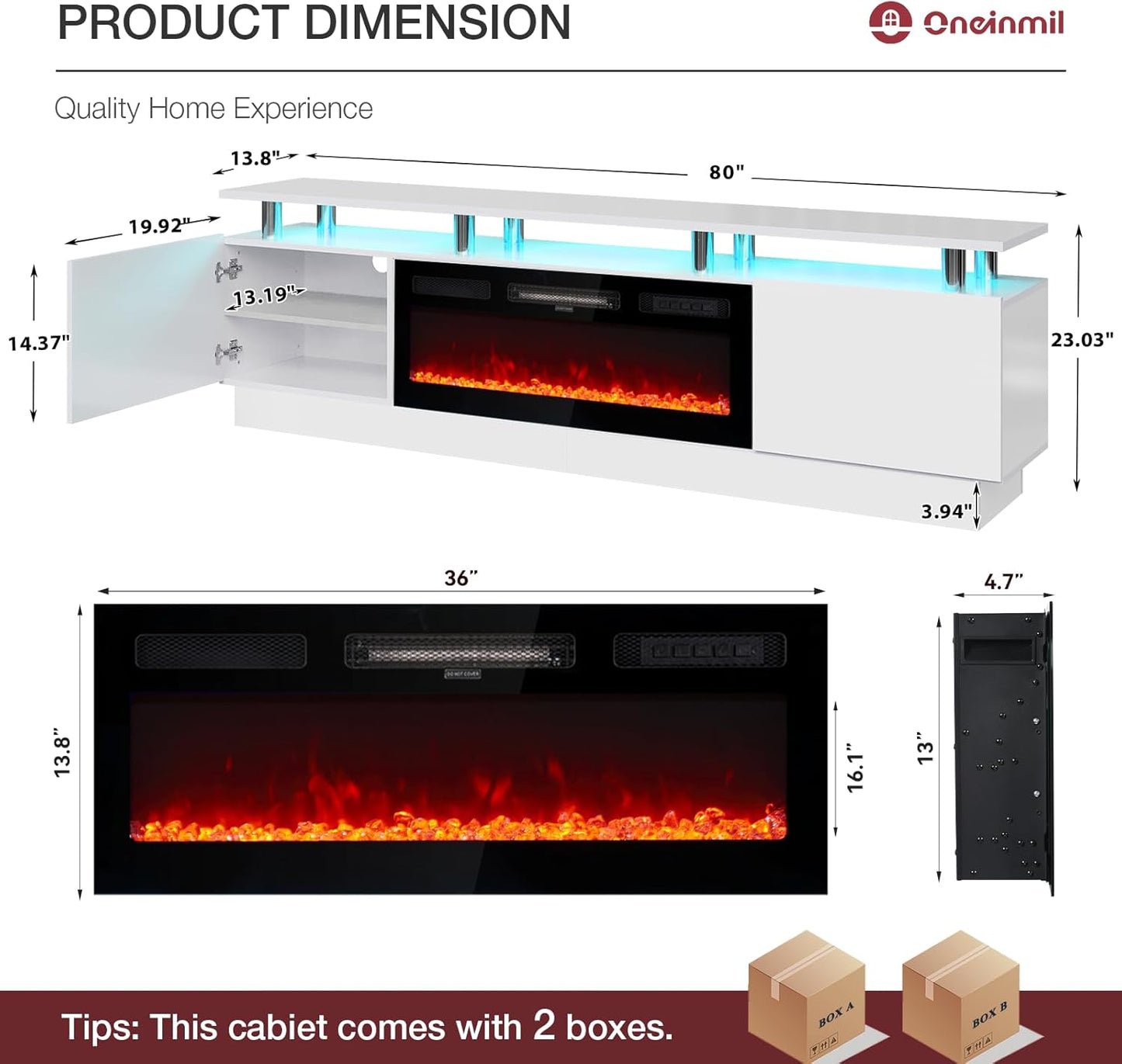 80" TV Stand & Media Console, Entertainment Center with Storage Shelves, Fits TVs up to 90", Modern Living Room Cabinet, 36" Electric Fireplace (White+Black)