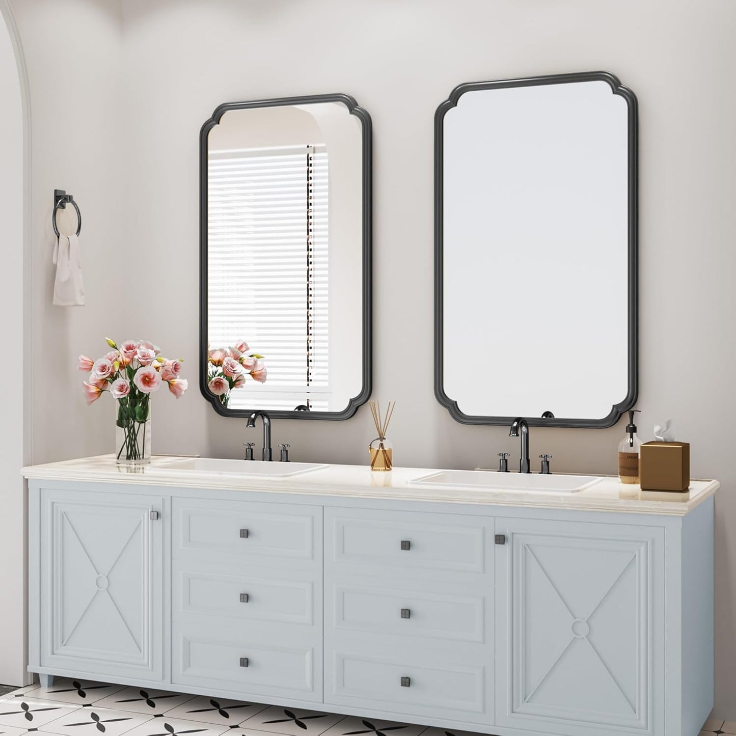 26"x40" Rustproof Bathroom Mirror Black, Round Corner Metal Frame Wall Mirror, Horizontal/Vertical Hanging Over Sink, Bedroom Bathroom Decor