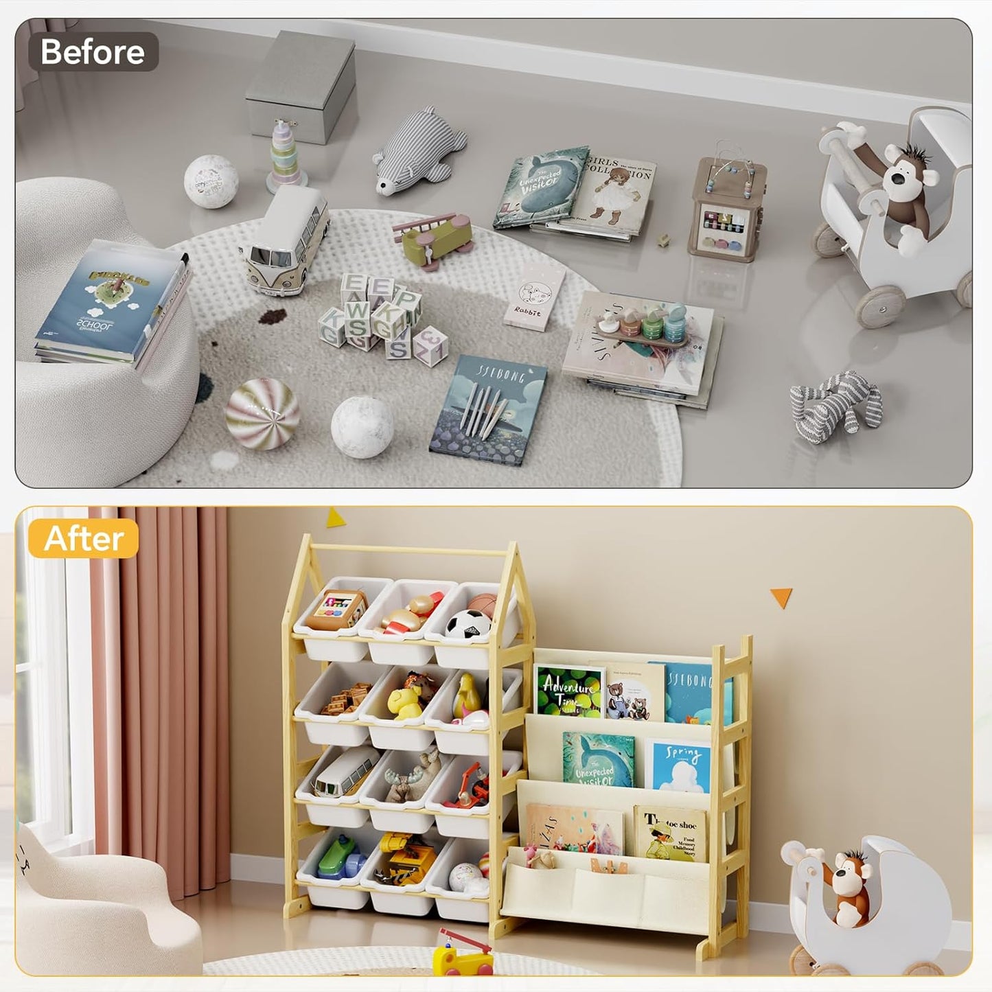 Wooden Toy Storage Organizer Kids Bookshelf, with 12 Toy Organizer Bins, Child Book Shelf for Kids Rooms, Nursery, Baby Room, Playroom, Montessori Toys Storage Organizers Rack Bookcase Shelves