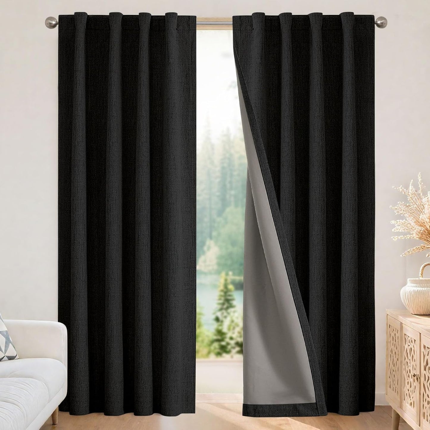 Joydeco 100% Blackout Curtains for Bedroom - Natural Linen Curtains 52"W x 63"L Long, Thermal Insulated 2 Panels Black Light Blocking Drapes, Rod Pocket & Back Tabs, Darkening Privacy for Living Room